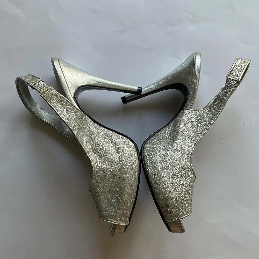 Lulu‎ Townsend Silver Glitter Peep Toe Slingback Platform Pumps Heels Stiletto 7